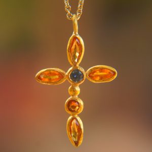 24k gold sapphire cross charm//24k sapphire cross pendant//gold artisan cross//sapphire gold cross pendant//handmade gold cross//24k cross