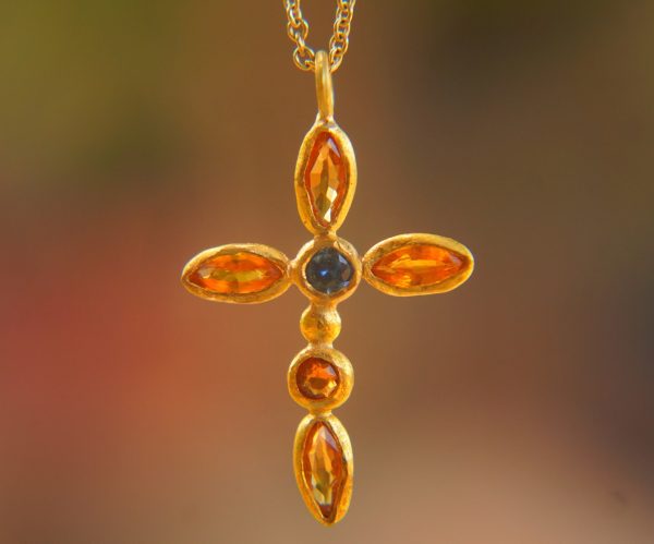 24k gold sapphire cross charm//24k sapphire cross pendant//gold artisan cross//sapphire gold cross pendant//handmade gold cross//24k cross