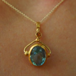 24k gold blue topaz and orange sapphire pendant//topaz and sapphire 24k gold necklace//artisan 24k gold pendant//gold topaz sapphire chain