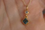 24k gold blue tourmaline and moissanite pendant//square blue tourmaline pendant//moissanite gold necklace//artisan tourmaline pendant