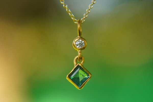 24k gold blue tourmaline and moissanite pendant//square blue tourmaline pendant//moissanite gold necklace//artisan tourmaline pendant