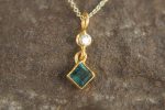 24k gold blue tourmaline and moissanite pendant//square blue tourmaline pendant//moissanite gold necklace//artisan tourmaline pendant