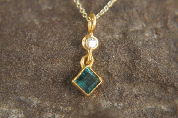 24k gold blue tourmaline and moissanite pendant//square blue tourmaline pendant//moissanite gold necklace//artisan tourmaline pendant