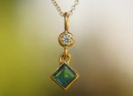 24k gold blue tourmaline and moissanite pendant//square blue tourmaline pendant//moissanite gold necklace//artisan tourmaline pendant