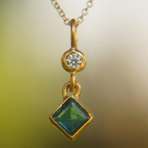 24k gold blue tourmaline and moissanite pendant//square blue tourmaline pendant//moissanite gold necklace//artisan tourmaline pendant