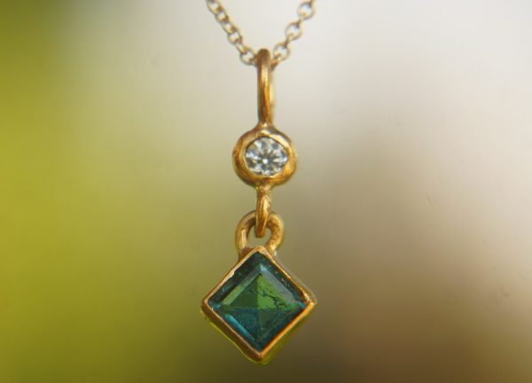 24k gold blue tourmaline and moissanite pendant//square blue tourmaline pendant//moissanite gold necklace//artisan tourmaline pendant