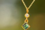 24k gold blue tourmaline and moissanite pendant//square blue tourmaline pendant//moissanite gold necklace//artisan tourmaline pendant