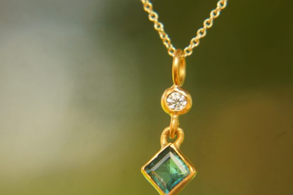 24k gold blue tourmaline and moissanite pendant//square blue tourmaline pendant//moissanite gold necklace//artisan tourmaline pendant