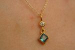24k gold blue tourmaline and moissanite pendant//square blue tourmaline pendant//moissanite gold necklace//artisan tourmaline pendant