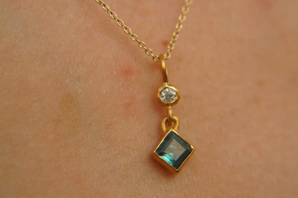 24k gold blue tourmaline and moissanite pendant//square blue tourmaline pendant//moissanite gold necklace//artisan tourmaline pendant