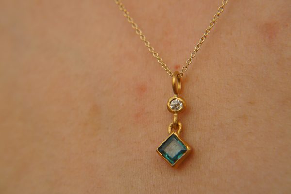 24k gold blue tourmaline and moissanite pendant//square blue tourmaline pendant//moissanite gold necklace//artisan tourmaline pendant