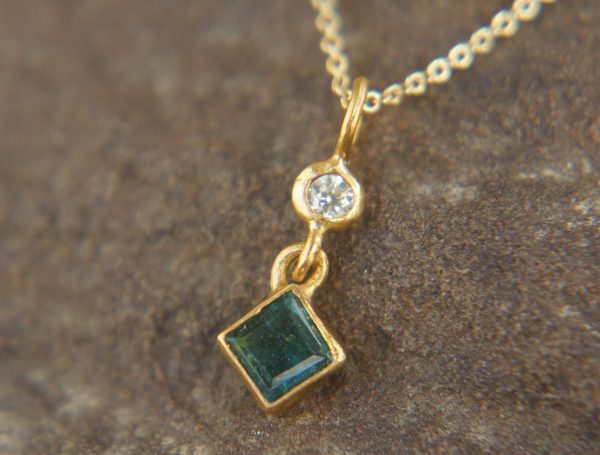 24k gold blue tourmaline and moissanite pendant//square blue tourmaline pendant//moissanite gold necklace//artisan tourmaline pendant