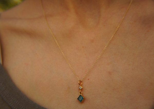 24k gold blue tourmaline and moissanite pendant//square blue tourmaline pendant//moissanite gold necklace//artisan tourmaline pendant