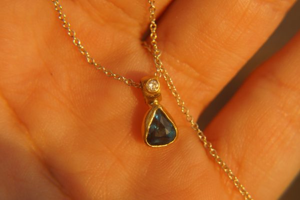 24k gold blue tourmaline and diamond pendant//pear blue tourmaline pendant//diamond gold necklace//artisan tourmaline pendant