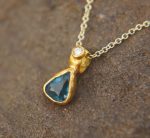 24k gold blue tourmaline and diamond pendant//pear blue tourmaline pendant//diamond gold necklace//artisan tourmaline pendant