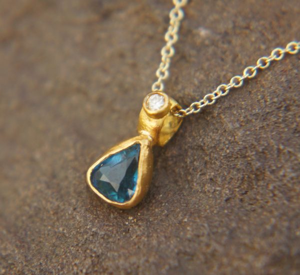 24k gold blue tourmaline and diamond pendant//pear blue tourmaline pendant//diamond gold necklace//artisan tourmaline pendant