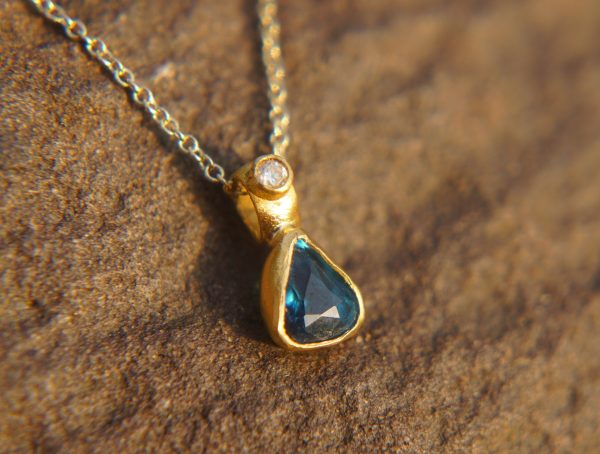 24k gold blue tourmaline and diamond pendant//pear blue tourmaline pendant//diamond gold necklace//artisan tourmaline pendant