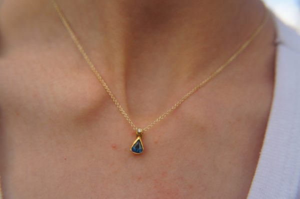 24k gold blue tourmaline and diamond pendant//pear blue tourmaline pendant//diamond gold necklace//artisan tourmaline pendant