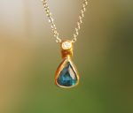 24k gold blue tourmaline and diamond pendant//pear blue tourmaline pendant//diamond gold necklace//artisan tourmaline pendant