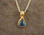 24k gold blue tourmaline and diamond pendant//pear blue tourmaline pendant//diamond gold necklace//artisan tourmaline pendant
