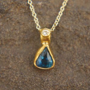 24k gold blue tourmaline and diamond pendant//pear blue tourmaline pendant//diamond gold necklace//artisan tourmaline pendant