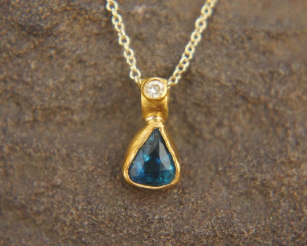 24k gold blue tourmaline and diamond pendant//pear blue tourmaline pendant//diamond gold necklace//artisan tourmaline pendant