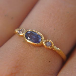 blue sapphire ring, gold sapphire ring, 24k gold ring, unique engagement ring, rough diamond ring, gold ring, gold sapphire with 2 diamonds