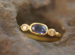 blue sapphire ring, gold sapphire ring, 24k gold ring, unique engagement ring, rough diamond ring, gold ring, gold sapphire with 2 diamonds