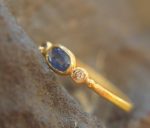 blue sapphire ring, gold sapphire ring, 24k gold ring, unique engagement ring, rough diamond ring, gold ring, gold sapphire with 2 diamonds