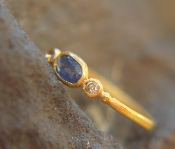blue sapphire ring, gold sapphire ring, 24k gold ring, unique engagement ring, rough diamond ring, gold ring, gold sapphire with 2 diamonds