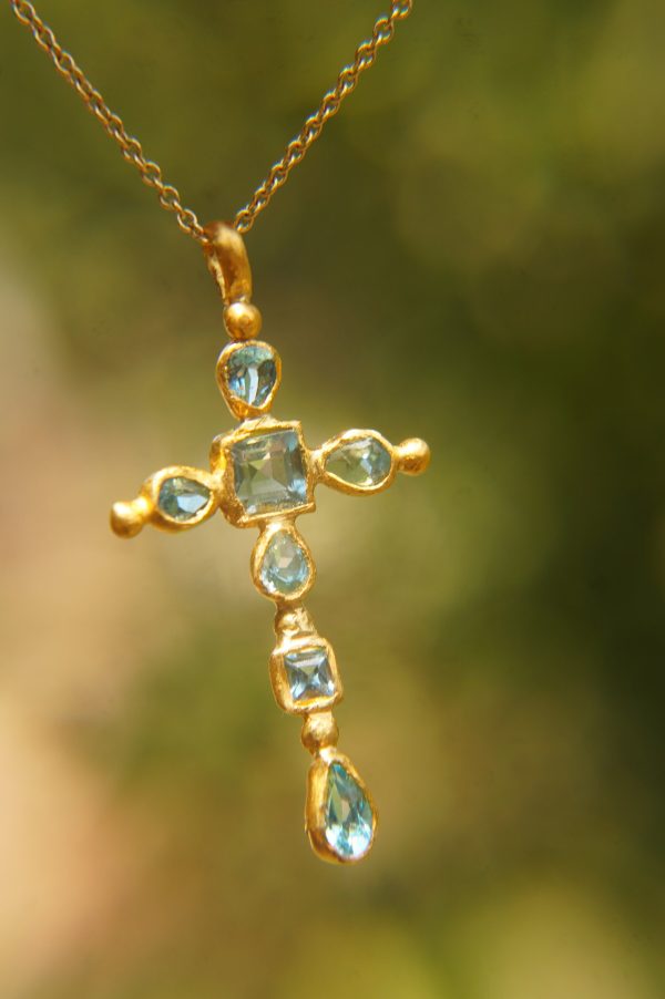 24k gold topaz cross charm//24k topaz cross pendant//gold artisan cross//topaz gold cross pendant//handmade gold cross//24k cross