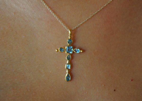 24k gold topaz cross charm//24k topaz cross pendant//gold artisan cross//topaz gold cross pendant//handmade gold cross//24k cross