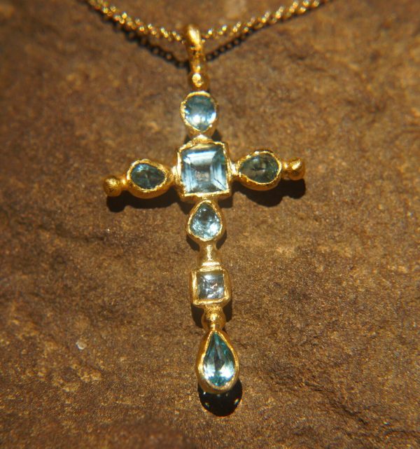 24k gold topaz cross charm//24k topaz cross pendant//gold artisan cross//topaz gold cross pendant//handmade gold cross//24k cross