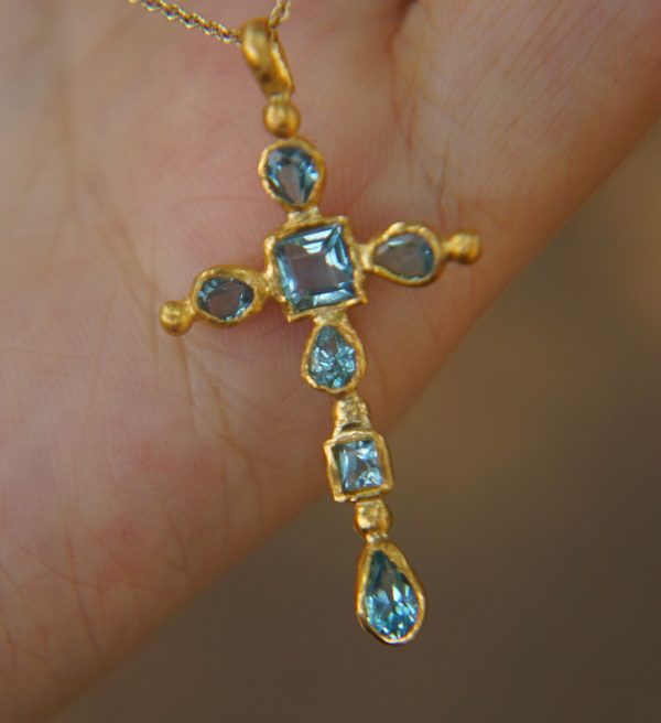 24k gold topaz cross charm//24k topaz cross pendant//gold artisan cross//topaz gold cross pendant//handmade gold cross//24k cross