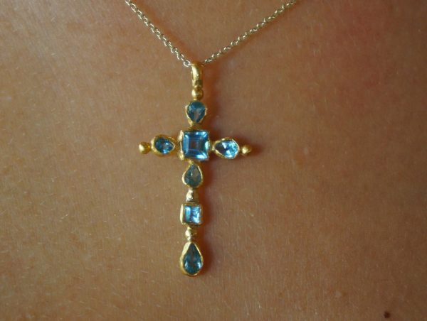 24k gold topaz cross charm//24k topaz cross pendant//gold artisan cross//topaz gold cross pendant//handmade gold cross//24k cross