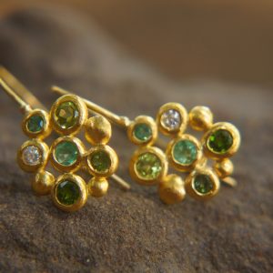 solid gold dangle earrings//blue green gem Earrings//24k Gold Dangle & Drop Earrings//gold tourmaline earrings//24k gold earrings//24k gold