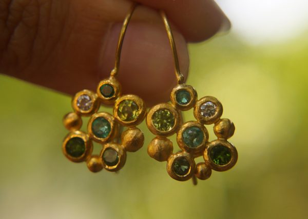 solid gold dangle earrings//blue green gem Earrings//24k Gold Dangle & Drop Earrings//gold tourmaline earrings//24k gold earrings//24k gold