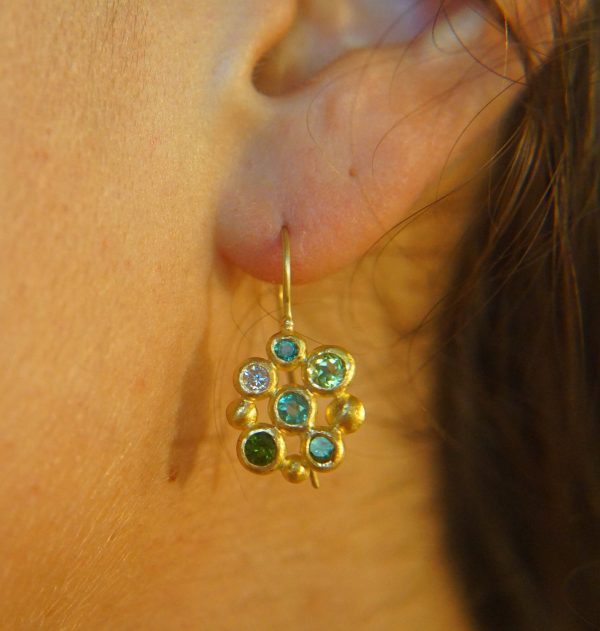 solid gold dangle earrings//blue green gem Earrings//24k Gold Dangle & Drop Earrings//gold tourmaline earrings//24k gold earrings//24k gold
