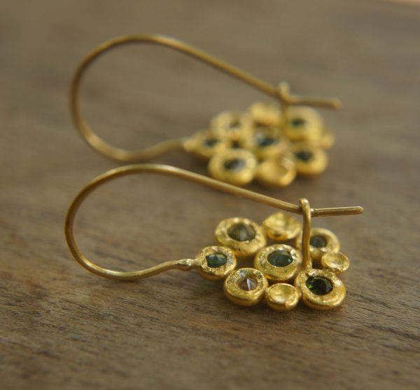 solid gold dangle earrings//blue green gem Earrings//24k Gold Dangle & Drop Earrings//gold tourmaline earrings//24k gold earrings//24k gold