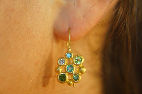 solid gold dangle earrings//blue green gem Earrings//24k Gold Dangle & Drop Earrings//gold tourmaline earrings//24k gold earrings//24k gold