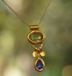 solid 24k gold pendant//gold sapphire and tourmaline charm//gemstone pendant//green tourmaline and blue sapphire pendant//24k gold pendant