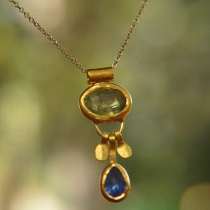 solid 24k gold pendant//gold sapphire and tourmaline charm//gemstone pendant//green tourmaline and blue sapphire pendant//24k gold pendant
