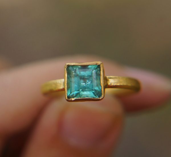 24k gold blue tourmaline ring//gold tourmaline ring//24k tourmaline jewelry//unique tourmaline engagement ring//artisan tourmaline ring