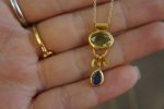 solid 24k gold pendant//gold sapphire and tourmaline charm//gemstone pendant//green tourmaline and blue sapphire pendant//24k gold pendant