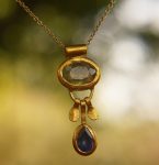 solid 24k gold pendant//gold sapphire and tourmaline charm//gemstone pendant//green tourmaline and blue sapphire pendant//24k gold pendant
