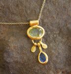 solid 24k gold pendant//gold sapphire and tourmaline charm//gemstone pendant//green tourmaline and blue sapphire pendant//24k gold pendant