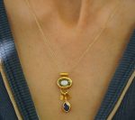 solid 24k gold pendant//gold sapphire and tourmaline charm//gemstone pendant//green tourmaline and blue sapphire pendant//24k gold pendant