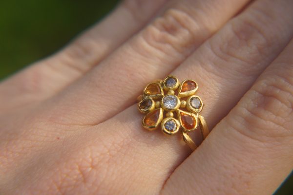 22k gold diamonds ring//gold mandala ring//22k Champaign diamond ring//22k gold ring//24k gold sapphire ring//24k artisan ring