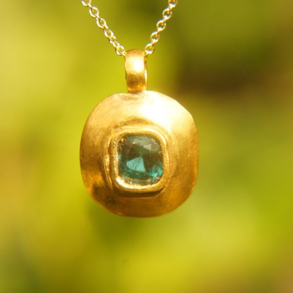 gold blue tourmaline pendant//indicolite blue tourmaline pendant//tourmaline gold necklace//artisan 24k gold pendant//handmade one of a kind