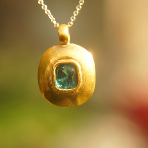 gold blue tourmaline pendant//indicolite blue tourmaline pendant//tourmaline gold necklace//artisan 24k gold pendant//handmade one of a kind